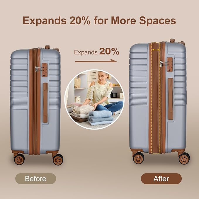 Romswi 22x14x9 Airline Approved 21in Carry On Luggage,Expandable Hardshell Suitcase with Double Spinner Wheels for 20% More Space, Lightweight Hardside CarryOn withYKK Zipper,Scratch-Resistant Silver
