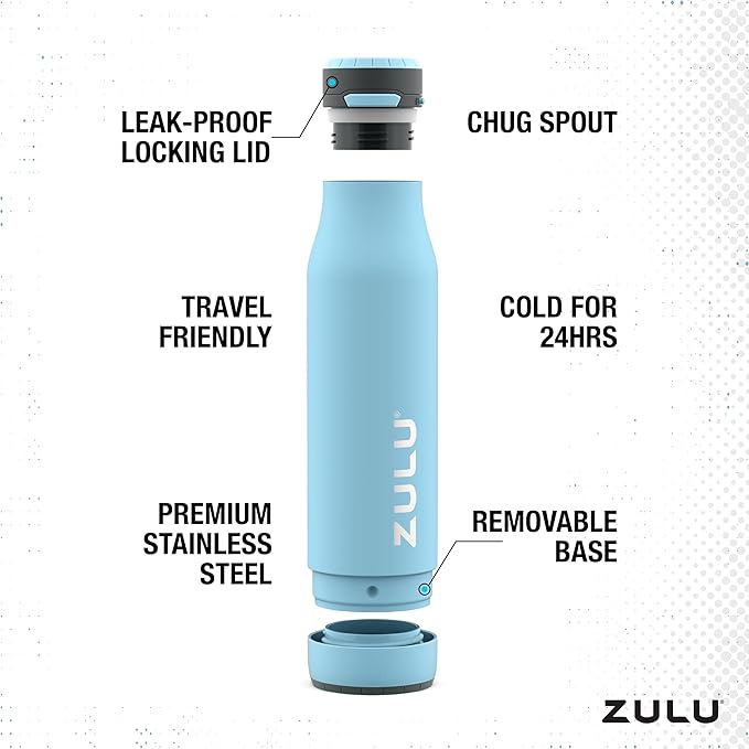 ZULU Ace Vacuum Insulated Stainless Steel Water Bottle with Chug Spout, Leak-Proof Locking Lid and Removable Base for School, Backpack, Sports, Gym, Travel