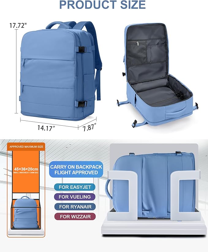 coowoz Large Travel Backpack Carry On for Women Man Waterproof Gym Backpacks with Laptop Compartment Mochila de Viaje Teacher Personal Item Backpack Rucksack Airplane Accessories Must Haves Sky Blue