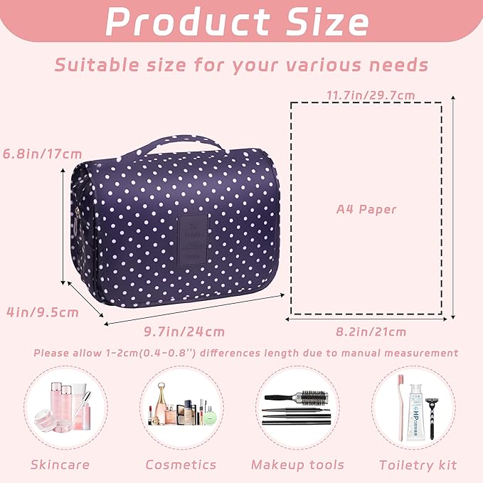 Toiletry Bag Travel Bag with Hanging Hook, Waterproof Capacity Hanging Multifunctional Makeup Bag for Toiletries, Portable Cosmetic Bag Travel Organizer for Women and Men(Navy Dot)