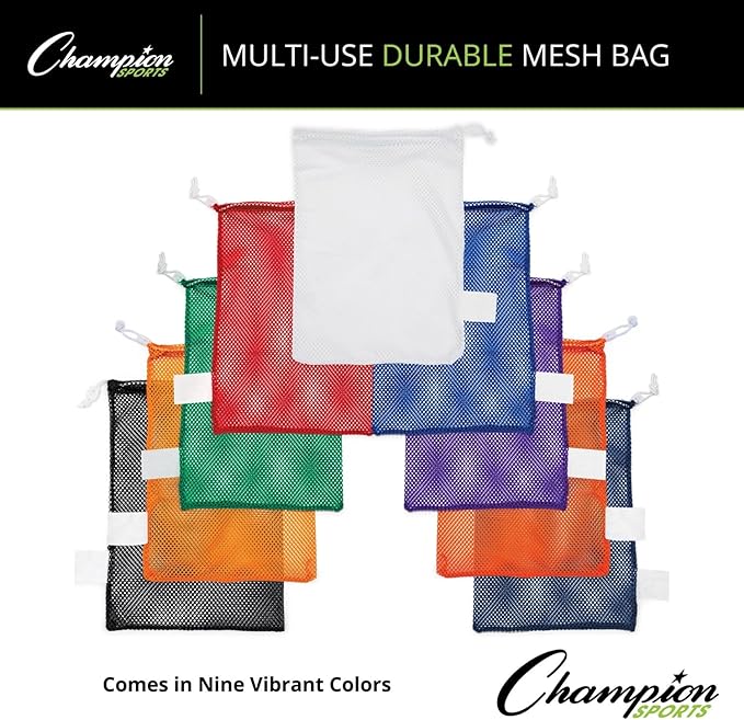 Champion Sports Mesh Equipment Bag – Heavy-Duty Nylon Drawstring Bag with Lock & ID Tag, Breathable Storage Sack for Balls, Swim Gear, Laundry & Toys, Multiple Sizes & Colors