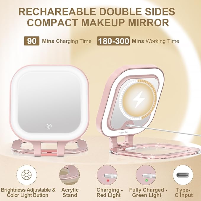 Mocado Compact Travel Makeup Mirror, 1X/10X Magnifying Mirror with Light, Double Sides Compact Mirror with 3 Color Light, Dimmable Handheld Mirror, Rechargeable Travel for Purse,Pocket(Pink)