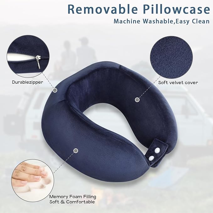 Travel Neck Pillow U Shaped Airplane Pillow Removable Washable Memory Foam Neck Pillows Suitable for Airplanes Traveling Trains Bus Offices Dark Blue