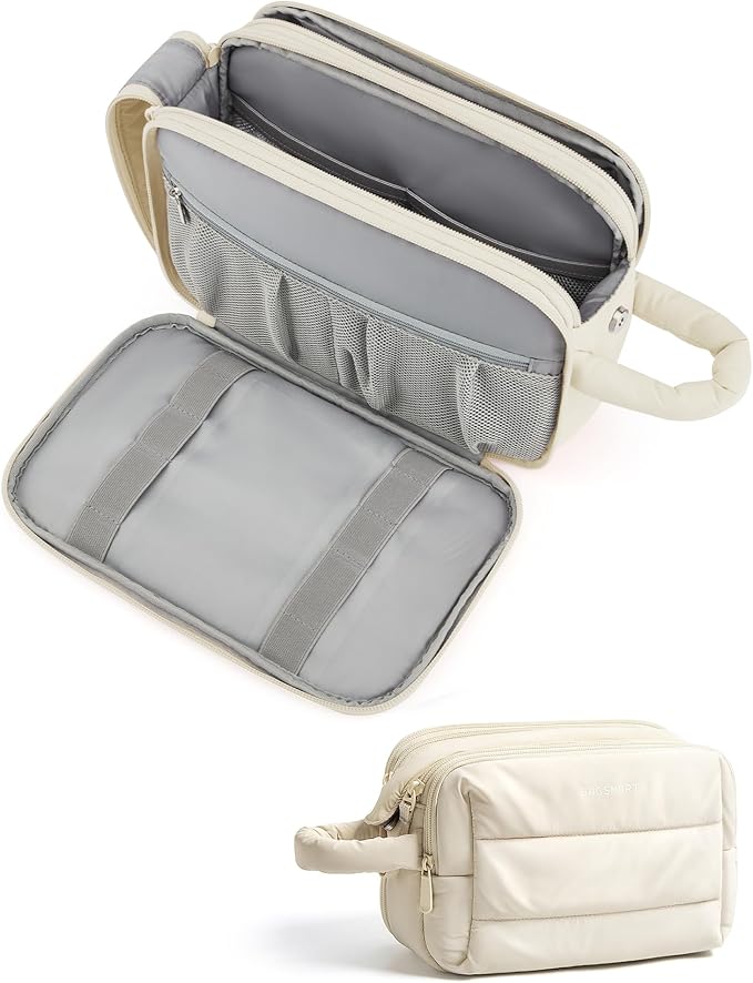 BAGSMART Travel Toiletry Bag for Women, Puffy Cosmetic Makeup Bag Organizer, Large Wide-open Travel Organizer for Toiletries, Dopp Kit Water-resistant Makeup Case for Accessories-Beige