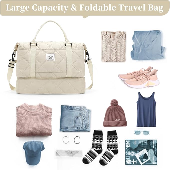 Weekender Bags for Women,Personal Item Travel Bag with Shoes Compartment,Overnight Travel Duffel Bag with Toiletry Bag,Quilted Beige