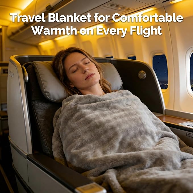 Gray Travel Blanket for Airplane, Soft Lightweight Flannel Blanket, Compact & Portable with Storage Bag, Luggage Strap & Clip, Cozy Travel Essential for Flights, Road Trips & More,40.7''×64.1‘’