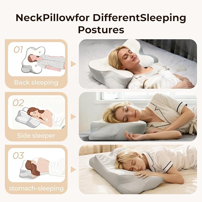 Cervical Pillow for Neck and Shoulder, Ergonomic Memory Foam Pillows for Sleeping, Dual Ear Relief Zone Contour Pillow,Support Pillow for Side Back Stomach Sleepers(White)
