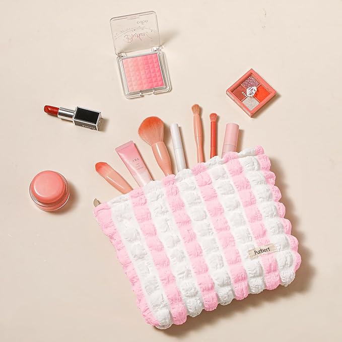 Makeup Bag, Bubble Cloud Travel Cosmetic Bag Organizer, Large Capacity Toiletry Make Up Bags with Zipper for Women and Girls, Pink-White