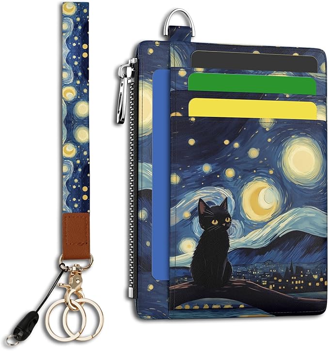 Hancynir Black Cat Slim Wallet Women Credit Card Holder, RFID Blocking Front Pocket Wallet Wristlet Keychain Lanyard, Small Cute Mini Card Case, Thin Travel Zipper Coin PU Leather Ladies Female Gifts
