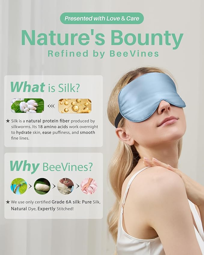 BeeVines 100% Real Mulberry Silk 2 Pack Sleep Mask, Pure Silk Eye Masks with Adjustable Strap for Sleeping, 100% Block Light Eye Shade Cover, Reduces Puffy Eyes Traveling Gifts(Black & Pastel Blue)