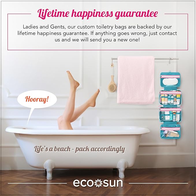 Eco Sun Hanging Travel Toiletry Bag — Designed in Hawaii — Water-Resistant Travel Organizer for Bathroom Accessories (Teal/Hot Pink)