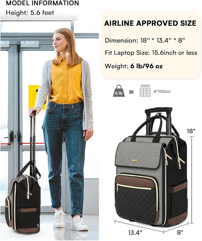 Rolling Backpack for Women, Travel Rolling Laptop Backpack with Wheels, Vertical & Horizontal Storage 2 In 1, Flip-Top Design, Water-Resistant Overnight College Underseat Carry on Luggage, Dark Gray