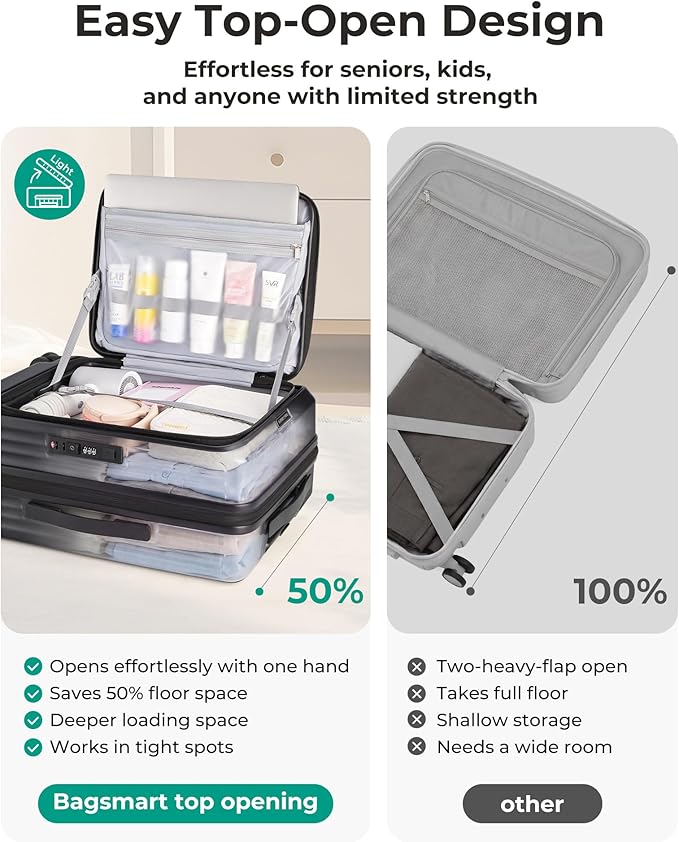 BAGSMART Top Opening Carry On Luggage 22x14x9 Airline Approved with TSA Lock, Expandable 20 Inch Deep Compartment Hard Shell Suitcases with Double Spinner Wheels, Black
