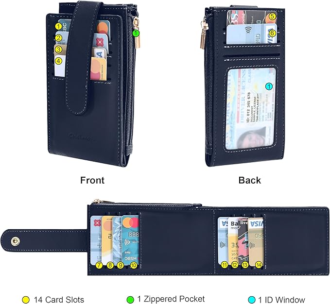 Chelmon Womens Wallet Slim RFID Blocking Bifold Multi Card Case Wallet with Zipper Pocket (Navy Blue)