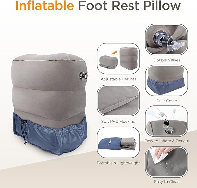 Inflatable Travel Foot Rest Pillow(2-Pack), HOMCA Adjustable Height Leg Pillow Fast Inflating Airplane Bed for Toddlers Footrest Pillow for Office, Airplane, Train, Cars, Home (Grey)