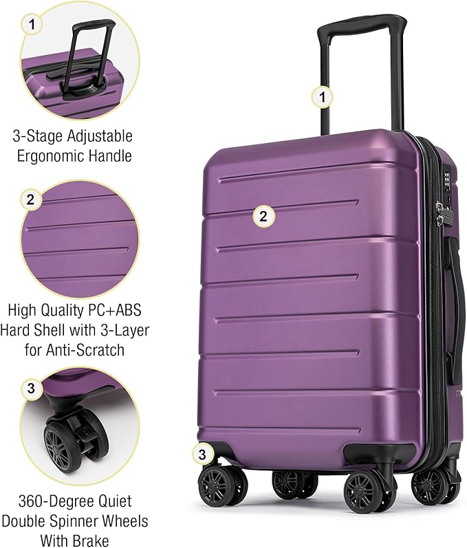 KYME Carry On Luggage 22x14x9 Airline Approved with TSA Lock Hardshell Expandable 20 Inch Luggage Carry On Suitcase with Wheels Small Travel Rolling Luggage with Cup Holder for Women Dark Purple