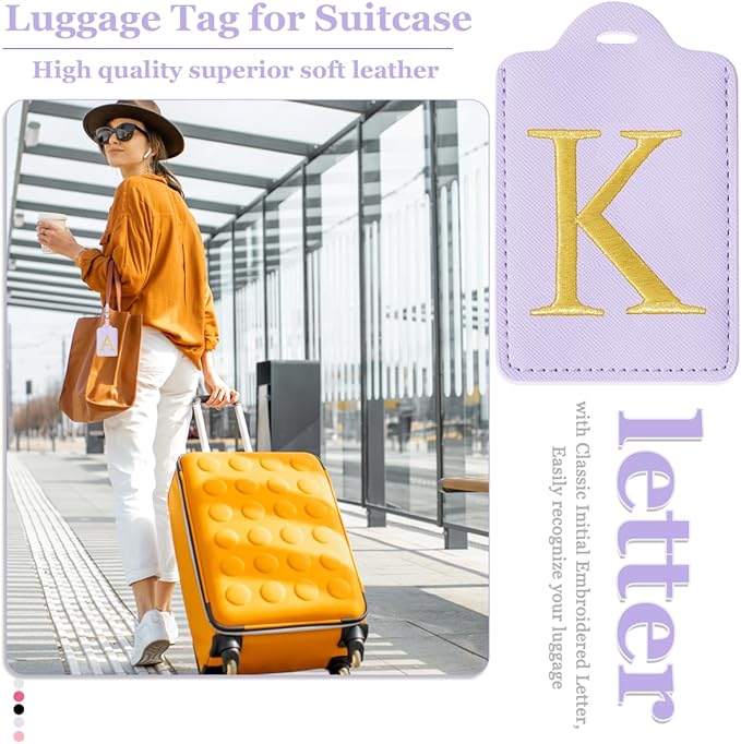 Personalized Initial Luggage Tags for Suitcases,Leather Letter Cute Luggage Tags with Privacy Name Card,Embroidered Monogrammed Travel Bag Backpack Tag Gifts for Women Kids Girls Teens(Purple-K)