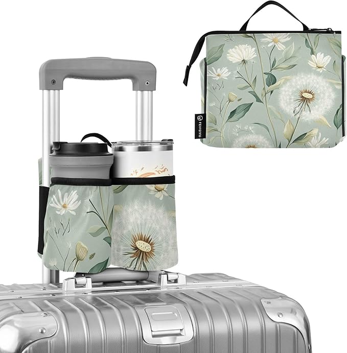 Sage Green Dandelion Luggage Cup Holder Travel Portable Free Hand Drink Carrier Suitcase Drinks Beverage Holder Carry-On Bottle Mug Holder Organizer Bag Travelers Accessories