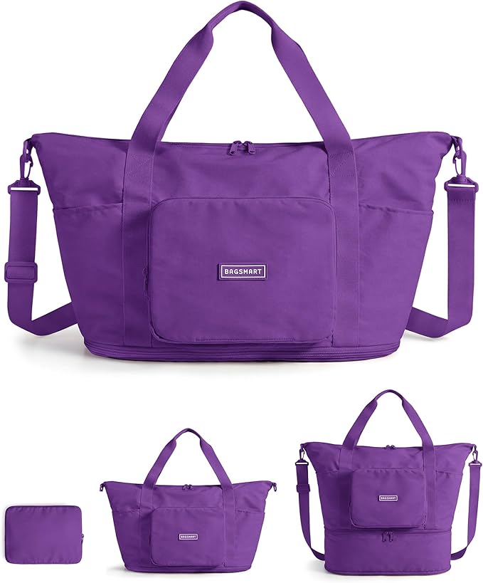BAGSMART Foldable Travel Bag, 37L Duffle Bag for Travel, Expendable Carry on Weekender Duffel, Lightweight Personal Item Bag, Purple