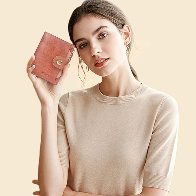 Wallet Women,RFID Blocking Leather Womens Wallet Bifold Compact Card Holder Small Wallet for Women with Removable ID Window Pink