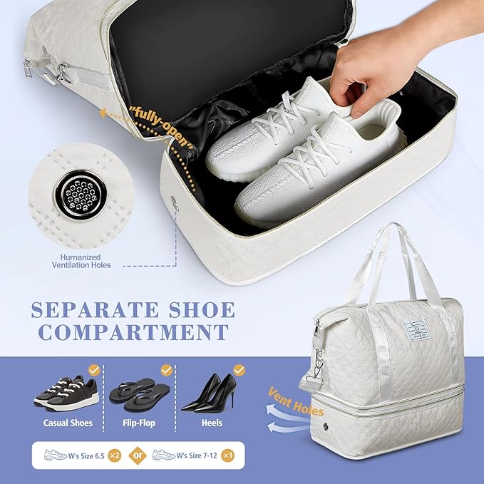 Geestock Travel Duffel Bag, Weekender Bags for Women, Carry on Overnight Bag with Shoe Compartment & Trolley Sleeve, Personal Item Travel Bags with Storage Pouch for Travel, Yoga, Gym, Hospital, White