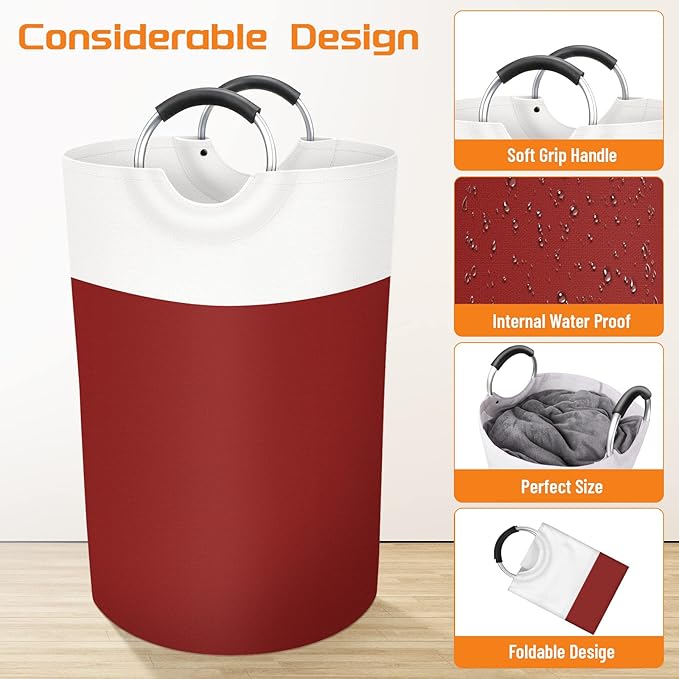 BlissTotes Laundry Basket, Laundry Hamper, Collapsible Laundry Baskets, Dirty Clothes Hamper, Waterproof Laundry Basket with Foam Protected Aluminum Handles for College Dorm, Family 75L (Red)