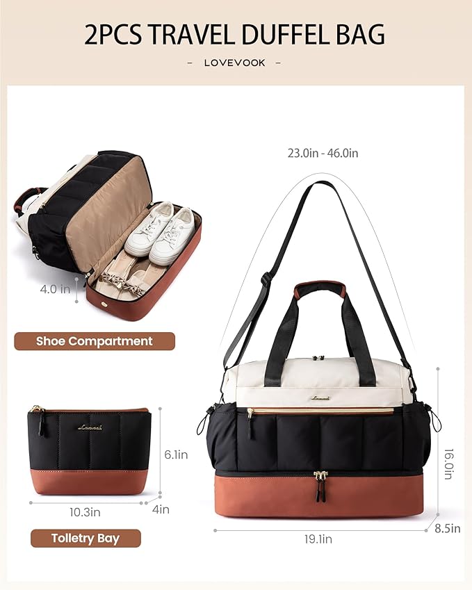 LOVEVOOK Travel Duffel Bag, Weekender Bags for Women, Large Overnight Bags with Shoe Compartment, 47L Carry on Gym Hospital Bag with Wet Pocket, 2 Pcs