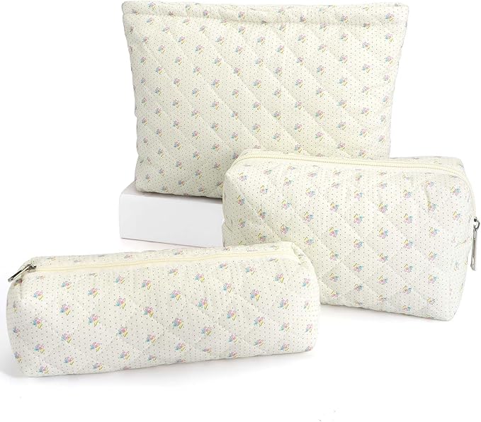 EIMMBD Makeup Bag 3 Pieces Large Capacity Checkered Cosmetic Bag Travel Toiletry Bag Organizer Cute Makeup Bag Pouch Storage Bag for Women(Beige Floral)