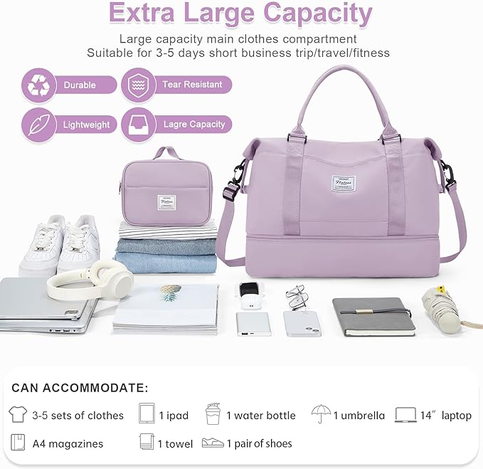 Large Weekender Bags for Women, Travel Duffel Bags with Shoe Compartment,Personal Item Travel Carry on Overnight bag for women Travel Set,Purple