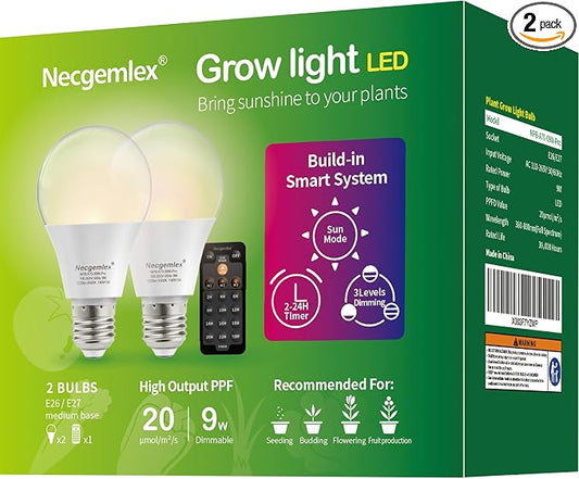 Smart Grow Light Bulbs for Indoor Plants, Programmable Timer and Dim | Full Spectrum Plant Grow Bulbs, Dimmable, 9W, E26/27, 4500K, Remote Control, Sun Mimics Mode, Daily Auto On/Off, 2Pack