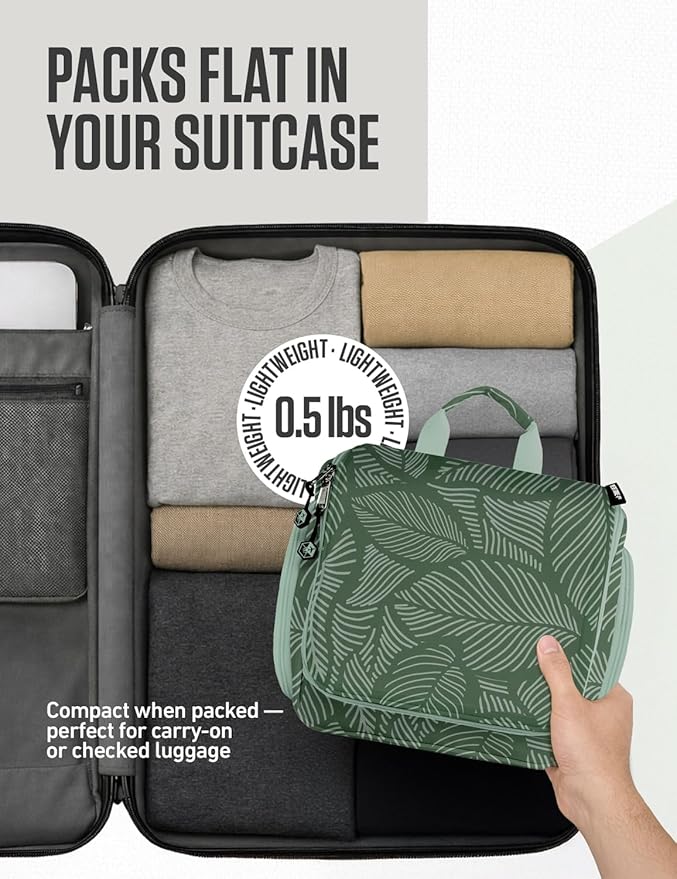 VENTURE 4TH Hanging Travel Toiletry Bag for Women & Men – Large Toiletry Organizer with 17 Compartments, Removable TSA Pouch, Travel Wash Bag for Toiletries, Makeup & Shaving Kit (Green Leaves)