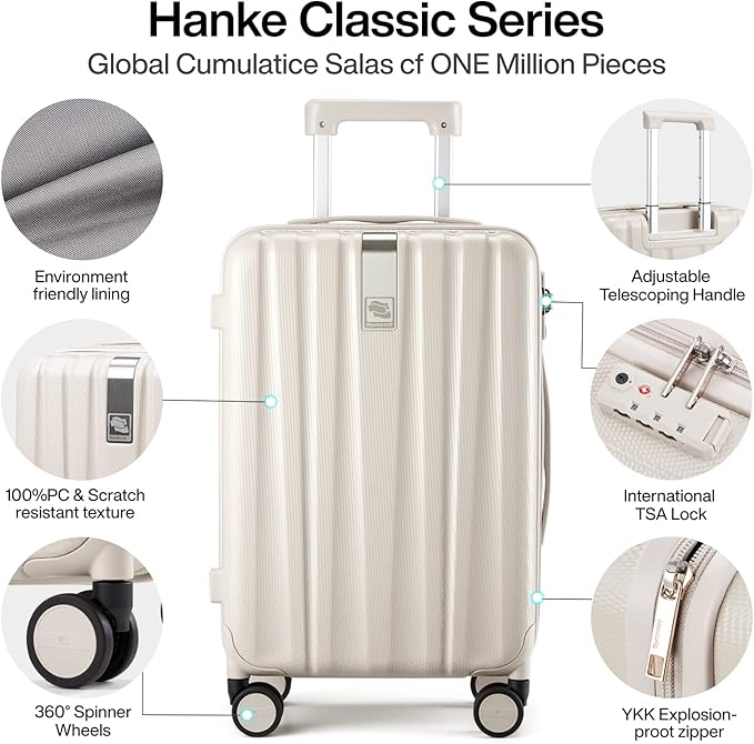 Hanke 20 Inch Carry On Luggage 22x14x9 Airline Approved Lightweight PC Hard Shell Suitcases with Wheels Travel Luggage Rolling Suitcase Travel Luggage Bag Christmas Gifts for Birthday(Ivory White)