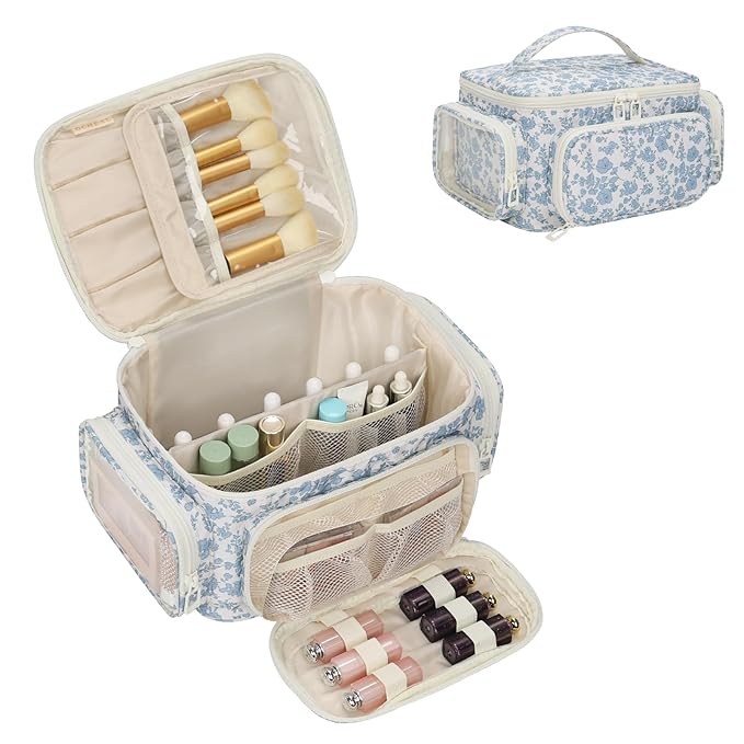 Makeup Bag with Multi-Pockets,Travel Cosmetic Bag with 2 Transparent Side Pockets for Easy Small Item Finding, Enlarged Internal Compartments, Large Capacity Waterproof Bottom Makeup Organizer -Floral
