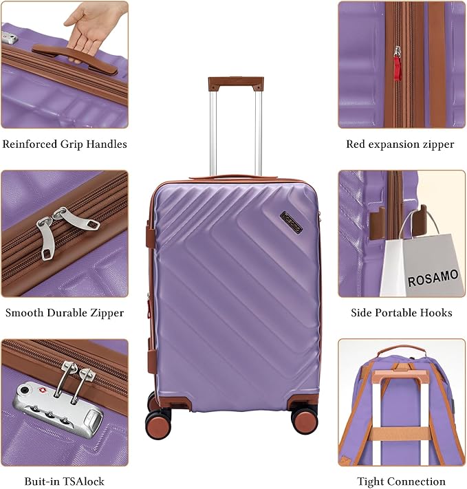 3 piece Luggage Set Expandable Suitcase 22x14x9 Airline Approved Carry on, ABS Hard Case Suitcases with Spinner Wheels,TSA Lock, (purple, 3 Piece Sets(20/BP/TB))