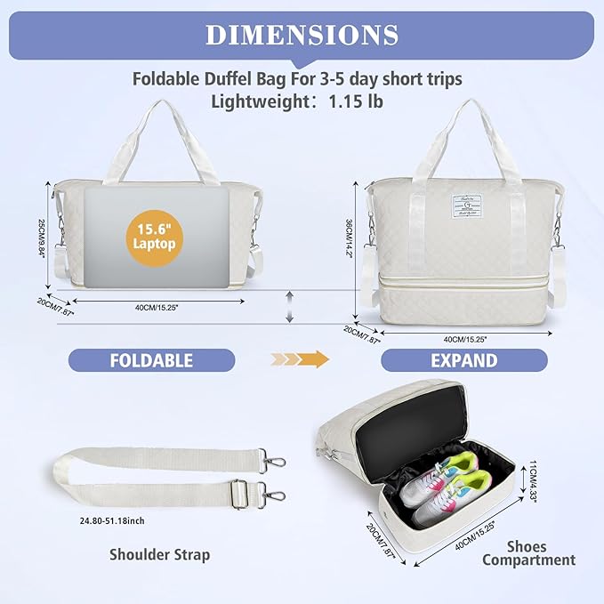 Geestock Travel Duffel Bag, Weekender Bags for Women, Carry on Overnight Bag with Shoe Compartment & Trolley Sleeve, Personal Item Travel Bags with Storage Pouch for Travel, Yoga, Gym, Hospital, White