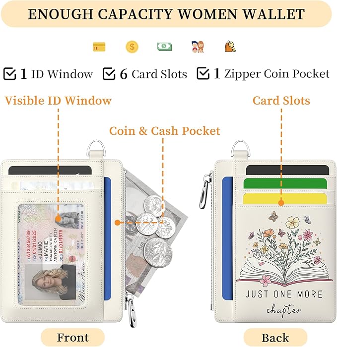 Hancynir Book Lover Floral Flower Slim Wallet Women Credit Card Holder Cute RFID Blocking Small Card Wallets Mini Front Pocket PU Leather Thin Travel Zipper Coin Cash Ladies Female Wallet Gifts