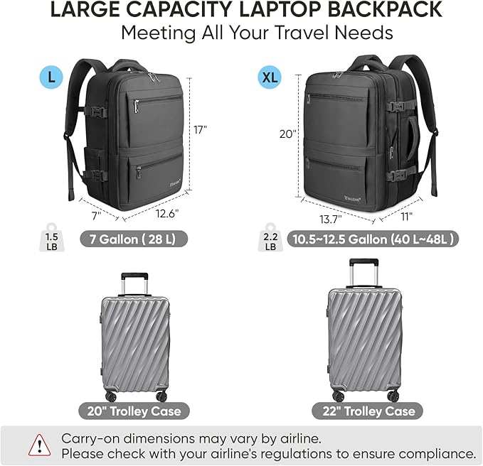 BALEINE Travel Backpack for Women Men, Large Sturdy Carry On Laptop Backpack Gifts for Business, Casual, Weekender, Hiking (Large, Black)