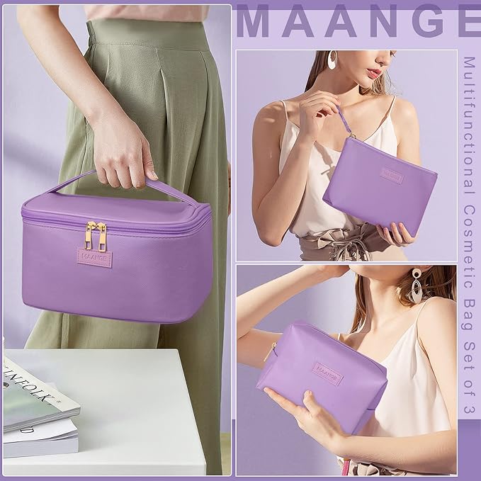 MAANGE Travel Makeup Bag - Large Makeup Bag with 2pcs Small Makeup Bag Portable Leather Cosmetic Bag Toiletry Bag Make Up Bags for Women and Girls (Purple)