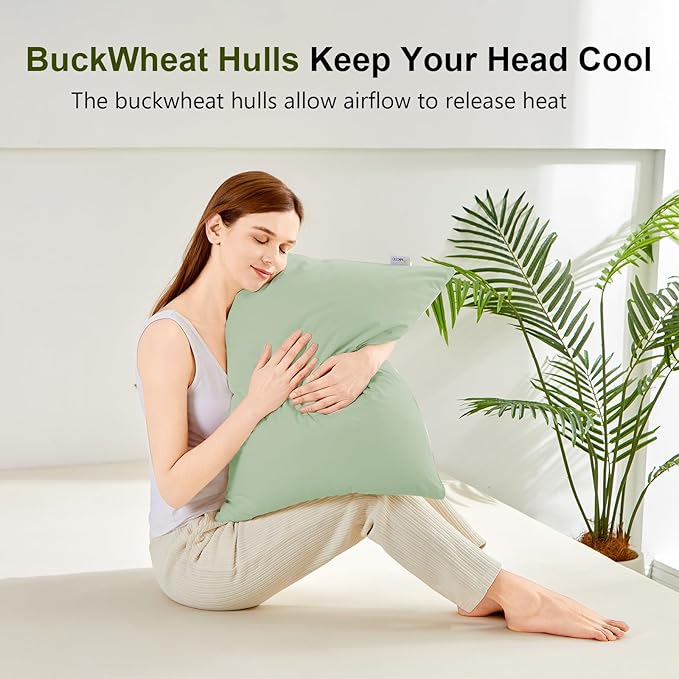 Organic Buckwheat Pillow for Sleeping with Dual-Layer Pillowcase and Extra Tartary Buckwheat Hulls, Adjust Height and Firmness, Neck Support Pillow for Back and Side Sleepers 20"x26", Sage Green