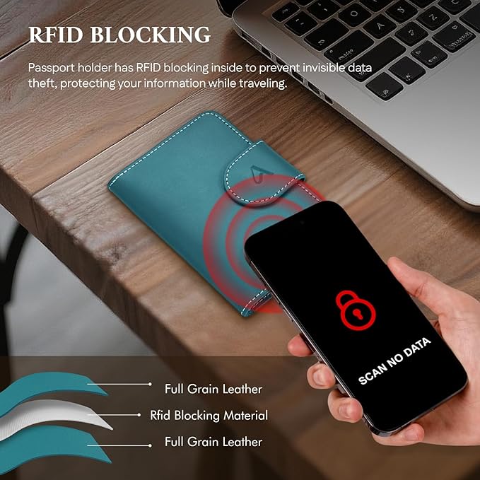 ALLIVE Rfid Passport Holder for Travel Women & Men, Passport Cover Wallet with AirTag Hidden, Genuine Leather Passport Holder Essential for Business Travel, Airport Security (Lake Blue)