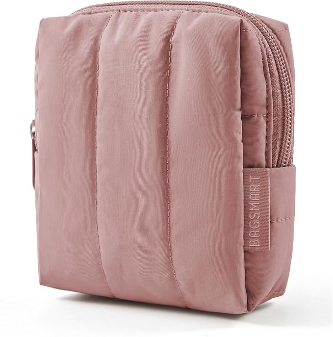 BAGSMART Small Travel Makeup Bag for Purse Toiletry Pouch, Puffy Padded Mini Cosmetics Bag, Cute Make Up Pouch for Women with Slip-in Pocket, Travel Essentials for Toiletries, Dark Pink