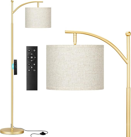 60" Gold Floor Lamp with Remote Control and Stepless Dimmable Bulb, Colors Temperature & Brightness Adjustable, Modern Floor Lamps for Living Room, Beige Shade & Gold Pole