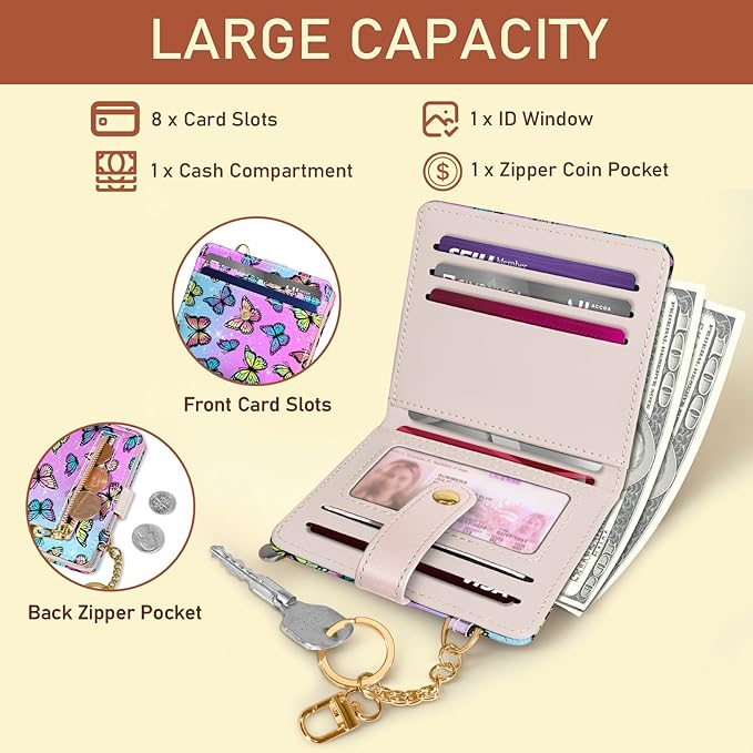 Jogjam Butterfly Rfid Women Wallet, Small Slim Thin Credit Card Wallet, PU Leather Bifold Cash Zipper Coin Pocket ID Window for Female Ladies Teen Girls Girly