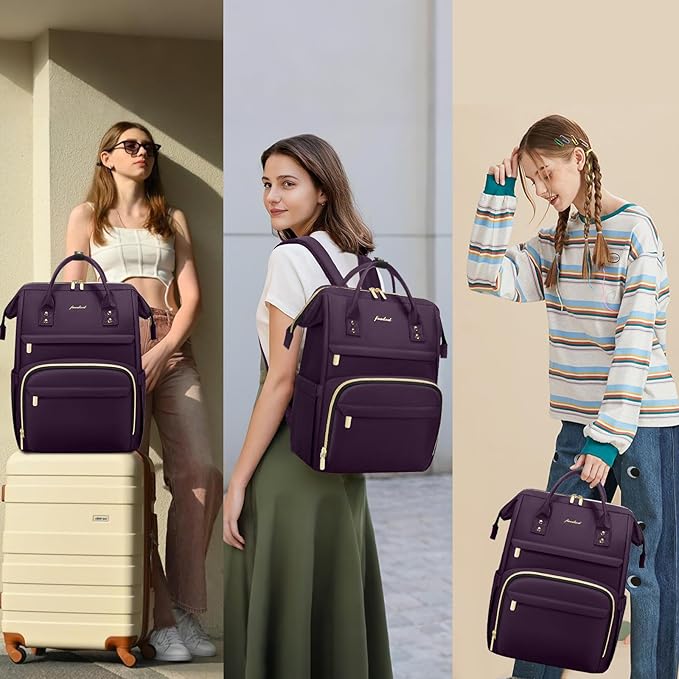 Focdod Women Laptop Backpack Work Bag - Fits 15.6 inch with Laptop Compartment Waterproof Professional Fashion Travel Purse for College Nurse Business Computer Backpack Dark Purple