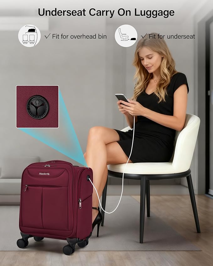 Hanke Underseat Carry On Luggage with Wheels, Lightweight Small Suitcase Airline Approved 16 Inch Softside Personal Item Travel Bag for Women Men, Compact Under Seat Luggage.(Burgundy)