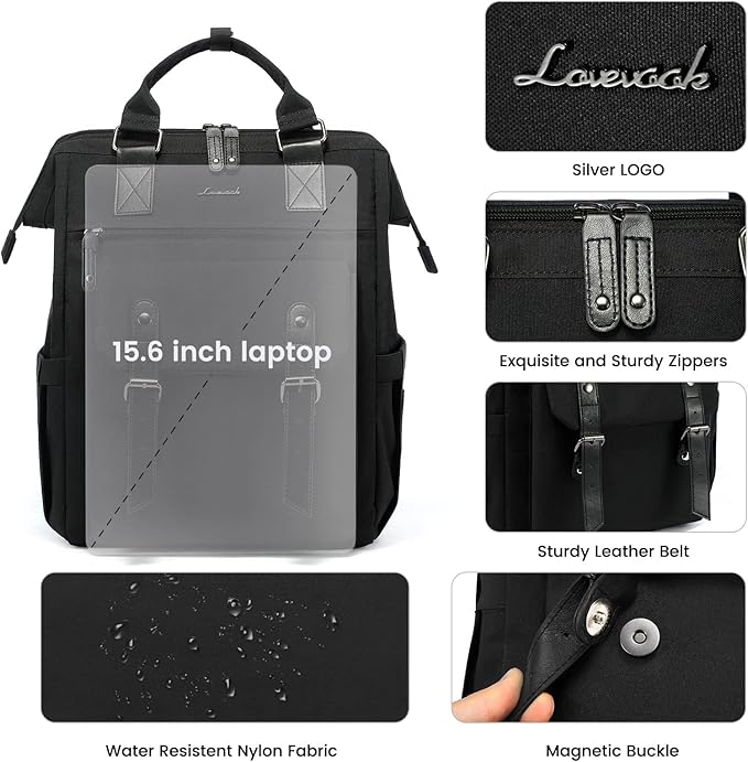 LOVEVOOK Laptop Backpack for Women, 15.6 Inch Work Business Backpacks Purse, Large Capacity Teacher Nurse Bag Work Travel Computer Backpacks, College Bookbag for School, Water Resistant Daypack, Black
