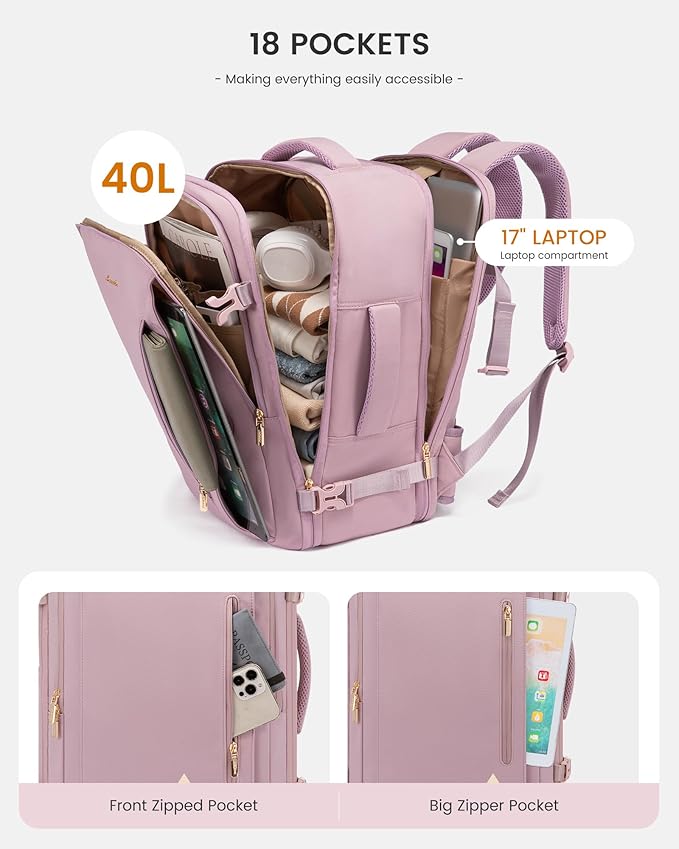 LOVEVOOK Travel Backpack For Women & Men with Waist Strap,40L Waterproof Carry On Backpack Luggage Travel Essentials Flight Approved,TSA Personal ltem Travel Bag Weekender Daypack with 3 Packing Cubes