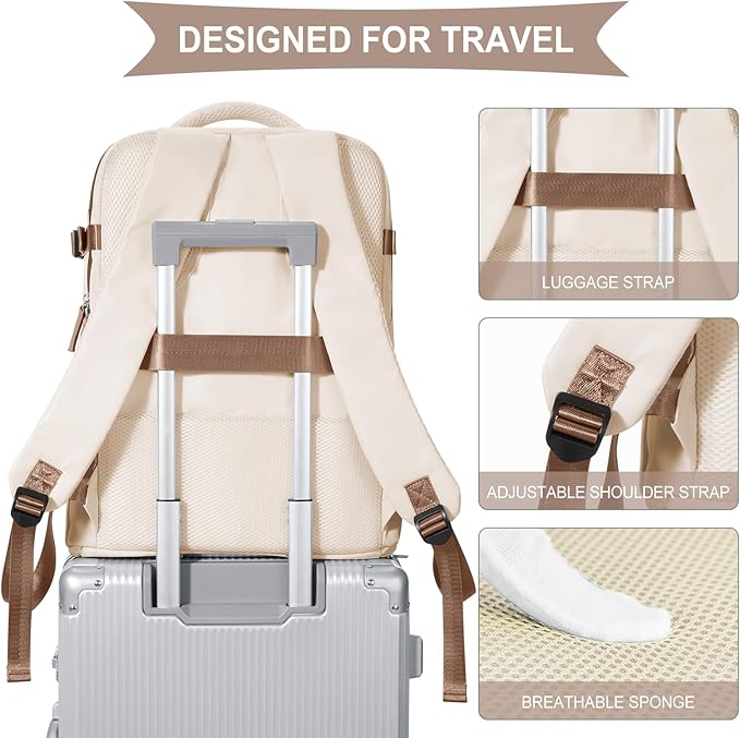 coowoz Large Travel Backpack For Women Men,Carry On Backpack Flight Approved,Hiking Outdoor Rucksack Casual Daypack Travel Bag Essentials Personal Item Backpack (Beige Brown-L)