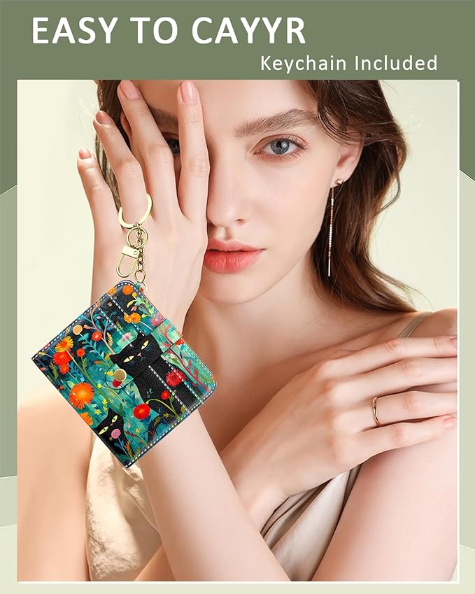 Aiawoxc Womens Wallet, RFID Small Wallets for Women, Slim Compact Credit Card Holder, Cute Leather Bifold Ladies Purse with Zipper Coin Pocket and ID Window, Cute Cat