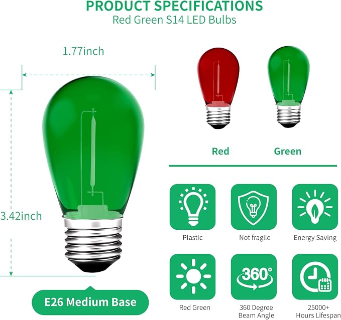 Meconard S14 Colored LED String Light Bulbs, 24-Pack 1W Plastic Shatterproof Waterproof Outdoor Indoor Replacement Bulbs for Home Decor, E26 Medium Screw Base, Red and Green Christmas Bulbs